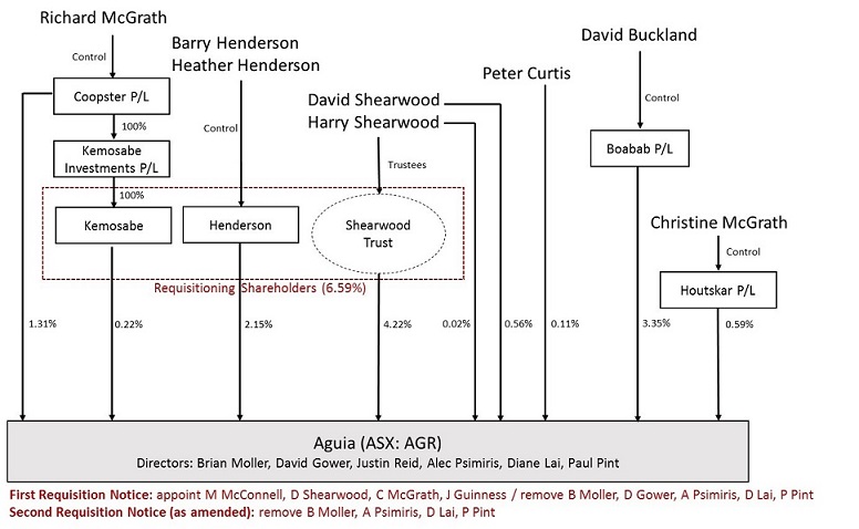 Diagram showing the shareholdings in Aguia and various relationships between the Requisitioning Shareholders and other potential associates as at the date of the first requisition notice 